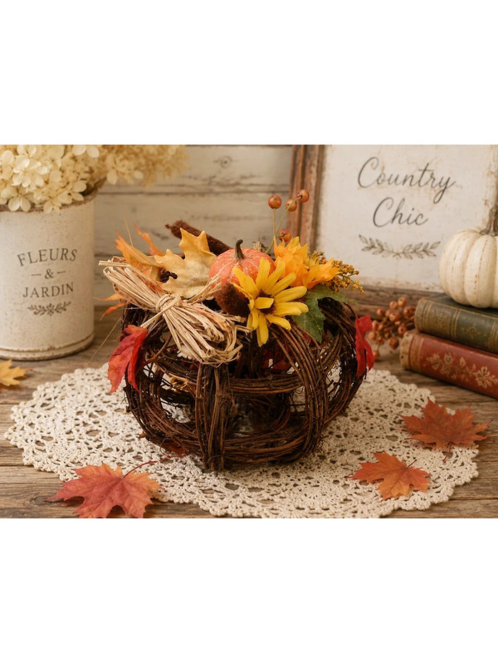Fall Grapevine Pumpkin Basket Centerpiece | Rustic Farmhouse Autumn Decor